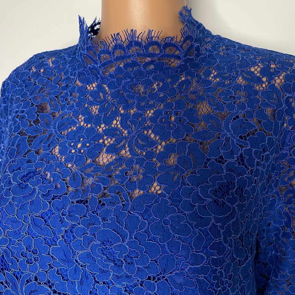 J. Crew Lace Top Long Sleeve Blue  size 8 scalloped mock neck New - Picture 7 of 10